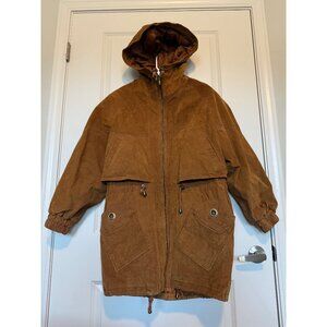 Comint Brown Hooded Suede Leather Jacket Size Small Pockets Cuffs Hood Vintage